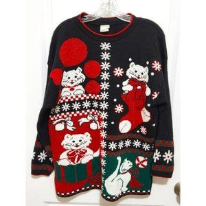 Vtg 80s Holiday Time Cat-tastic Christmas Sweater Made in USA Red Sparkle Sz M